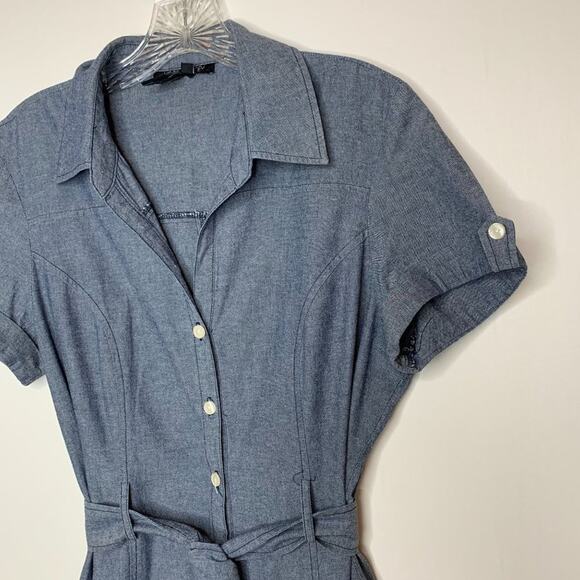 Hope & Honey Size 6 Cotton Chambray Button Up Belted Short Sleeve Shirt Dress - Picture 2 of 10